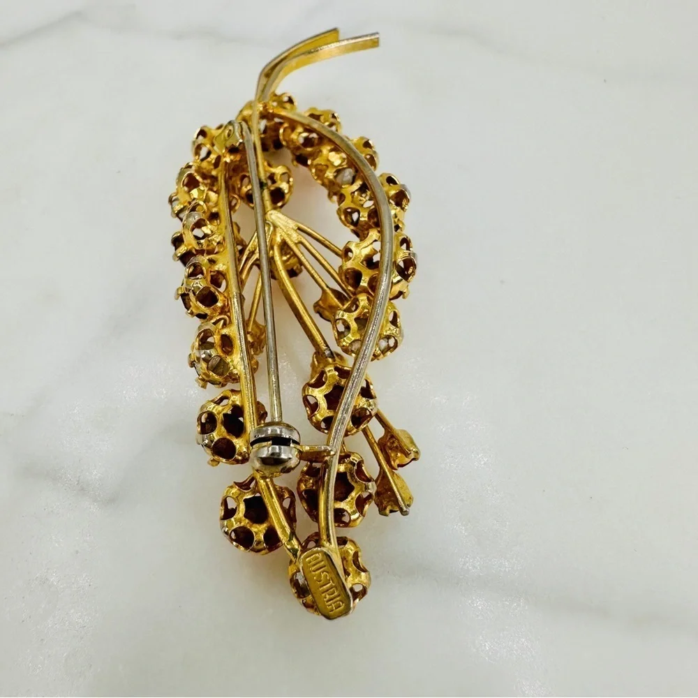 Vintage Austria 60s Rhinestone Brooch Pin AB Ice Red Pink Gold Tone Wire Leaf